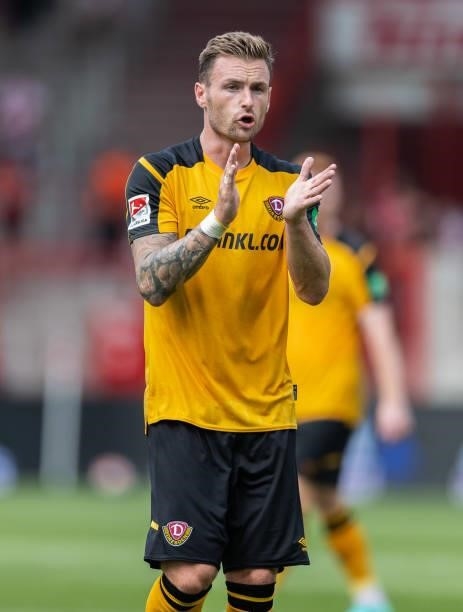 Michael Sollbauer of Dynamo Dresden reacts during the Pre-Season friendly match between 1. FC Union Berlin and Dynamo Dresden at Stadion An der Alten...