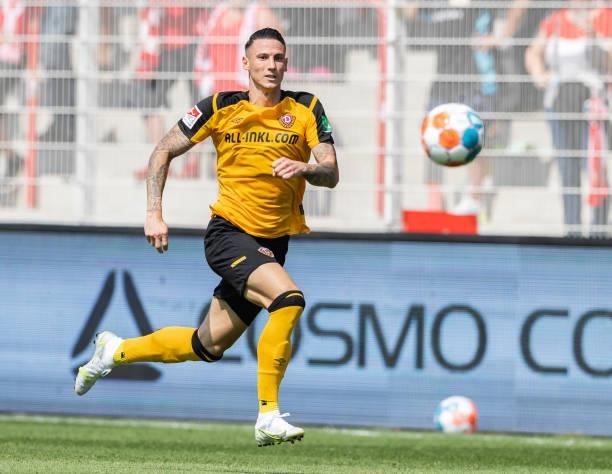 Panagiotis Vlachodimos of Dynamo Dresden runs with the ball during the Pre-Season friendly match between 1. FC Union Berlin and Dynamo Dresden at...