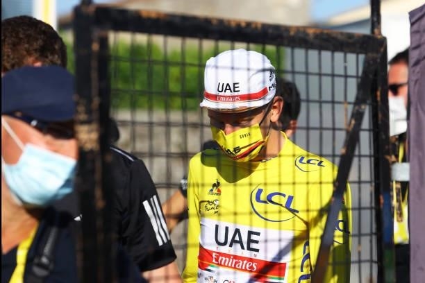 Tadej Pogačar of Slovenia and UAE-Team Emirates yellow leader jersey at arrival during the 108th Tour de France 2021, Stage 20 a 30,8km Individual...