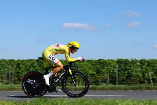 Tadej Pogačar of Slovenia and UAE-Team Emirates Yellow Leader Jersey during the 108th Tour de France 2021, Stage 20 a 30,8km Individual Time Trial...