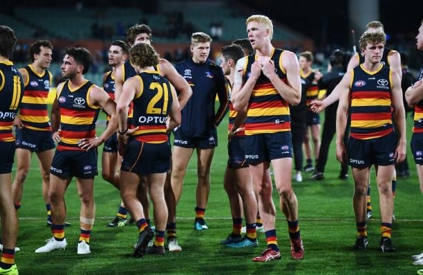 Dejected Crows after losing the round 18 AFL match between Adelaide Crows and West Coast Eagles at Adelaide Oval on July 18, 2021 in Adelaide,...