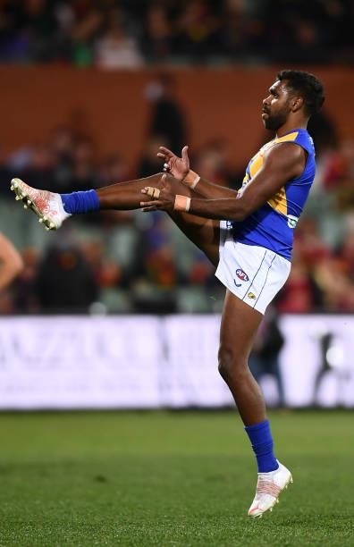 Liam Ryan of the Eagles kicks a goal during the round 18 AFL match between Adelaide Crows and West Coast Eagles at Adelaide Oval on July 18, 2021 in...