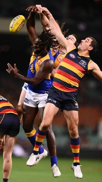 Nic Naitanui of the Eagles competes with Taylor Walker of the Crows during the round 18 AFL match between Adelaide Crows and West Coast Eagles at...