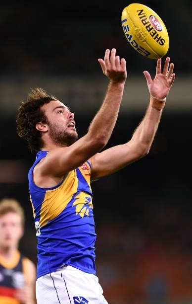 Luke Edwards of the Eagles marks during the round 18 AFL match between Adelaide Crows and West Coast Eagles at Adelaide Oval on July 18, 2021 in...