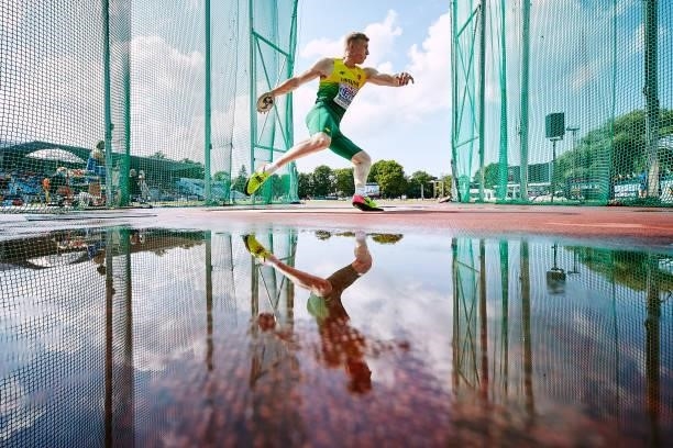 Mykolas Alekna of Lithuania competes in the Men's Discus Throw Final during European Athletics U20 Championships Day 4 at Kadriorg Stadium on July...