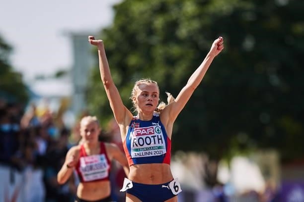Andrea Rooth of Norway celebrates in the Women's 400m Hurdles Final during European Athletics U20 Championships Day 4 at Kadriorg Stadium on July 18,...