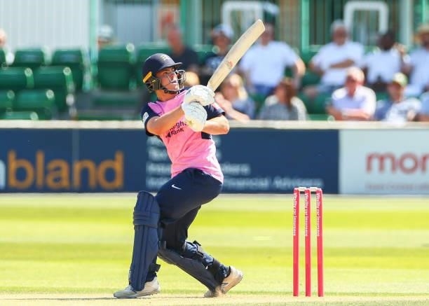 Joe Cracknell of Middlesex bats during the Vitality T20 Blast match between Essex Eagles and Middlesex at Cloudfm County Ground on July 18, 2021 in...