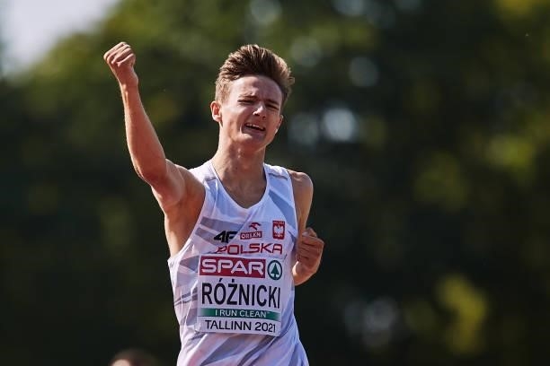 Krzysztof Roznicki of Poland celebrates in the Men's 800m Final during European Athletics U20 Championships Day 4 at Kadriorg Stadium on July 18,...