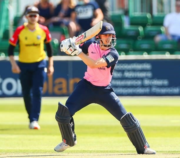 John Simpson of Middlesex bats during the Vitality T20 Blast match between Essex Eagles and Middlesex at Cloudfm County Ground on July 18, 2021 in...