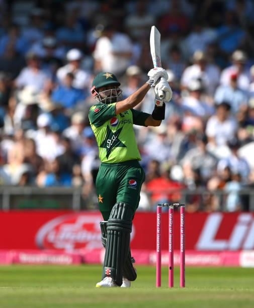 Pakistan batsman Babar Azam hits out during the Second Vitality Blast IT20 between England and Pakistan at Emerald Headingley Stadium on July 18,...