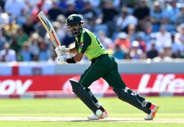 Babar Azam of Pakistan plays a shot during the second Vitality International T20 match between England and Pakistan at Emerald Headingley Stadium on...