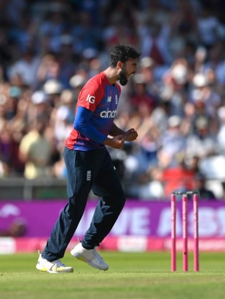 England bowler Saqib Mahmood celebrates after taking the wicket of Babar Azam during the Second Vitality Blast IT20 between England and Pakistan at...