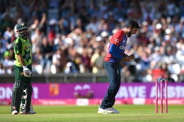 England bowler Saqib Mahmood celebrates after taking the wicket of Babar Azam during the Second Vitality Blast IT20 between England and Pakistan at...