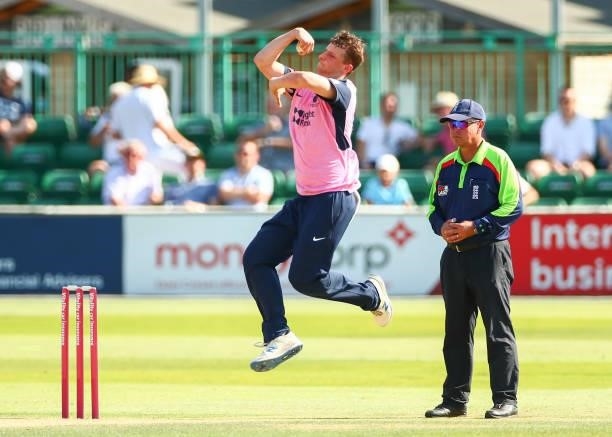 Luke Hollman of Middlesex bowls during the Vitality T20 Blast match between Essex Eagles and Middlesex at Cloudfm County Ground on July 18, 2021 in...