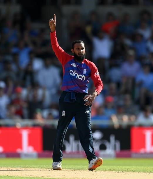 Adil Rashid of England celebrates dismissing Sohaib Maqsood of Pakistan during the Second Vitality International T20 match between England and...