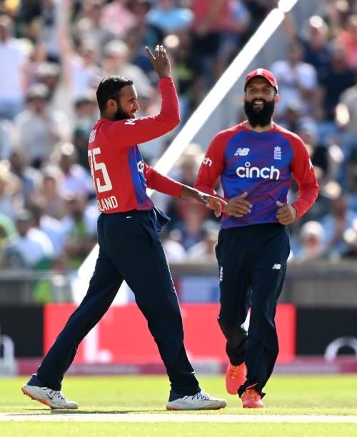 Adil Rashid of England cellebrates after taking a wicket during the second Vitality International T20 match between England and Pakistan at Emerald...