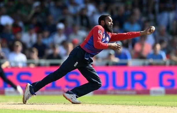 Adil Rashid of England catches out Mohammad Rizwan of Pakistan from his own bowling during the Second Vitality International T20 match between...