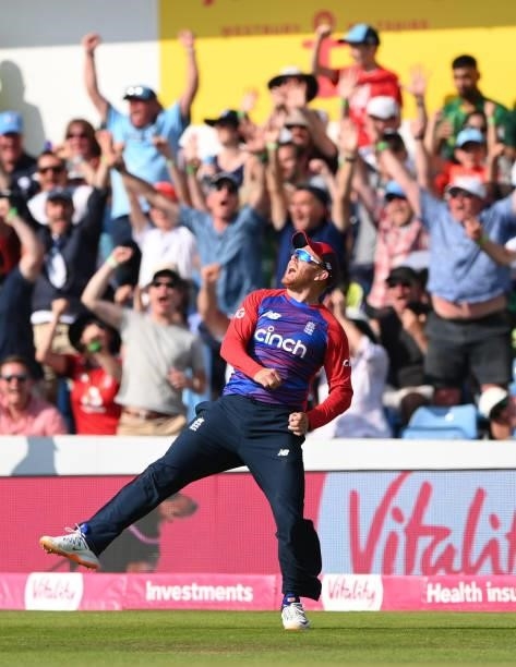 England fielder Jonny Bairstow celebrates after taking the catch of Pakistan batsman Mohammed Hafeez during the Second Vitality Blast IT20 between...