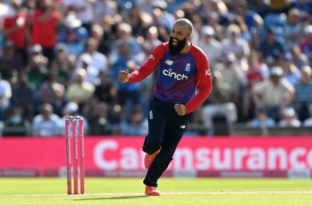 Moeen Ali of England celebrates after taking a wicket during the second Vitality International T20 match between England and Pakistan at Emerald...