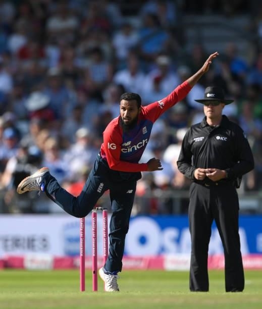 England bowler Adil Rashid in bowling action during the Second Vitality Blast IT20 between England and Pakistan at Emerald Headingley Stadium on July...