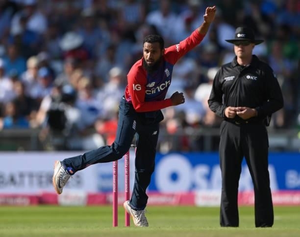 England bowler Adil Rashid in bowling action during the Second Vitality Blast IT20 between England and Pakistan at Emerald Headingley Stadium on July...