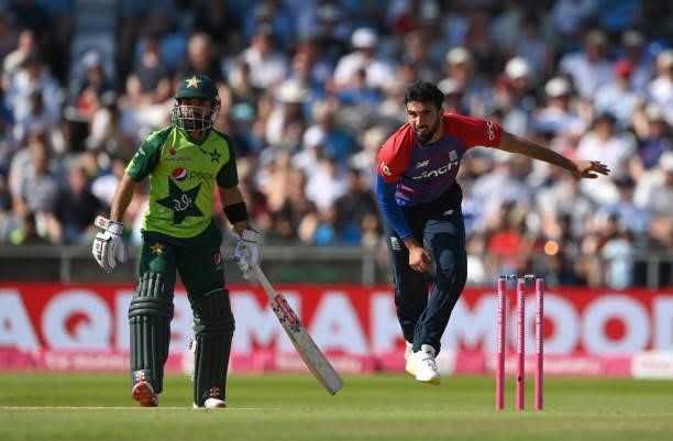 England bowler Saqib Mahmood in bowling action during the Second Vitality Blast IT20 between England and Pakistan at Emerald Headingley Stadium on...