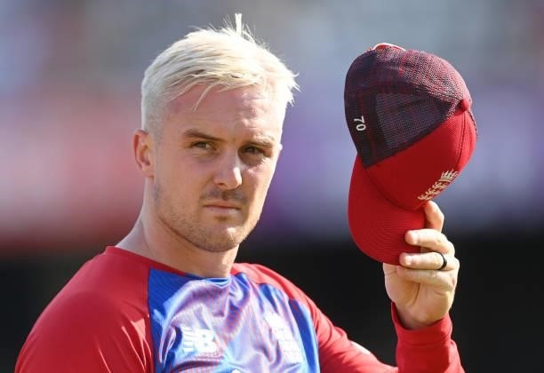 Jason Roy England looks on during the 2nd Vitality T20 International between England and Pakistan at Emerald Headingley Stadium on July 18, 2021 in...