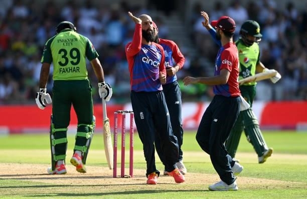 Moeen Ali of England celebrates dismissing Mohammad Hafeez of Pakistan during the Second Vitality International T20 match between England and...