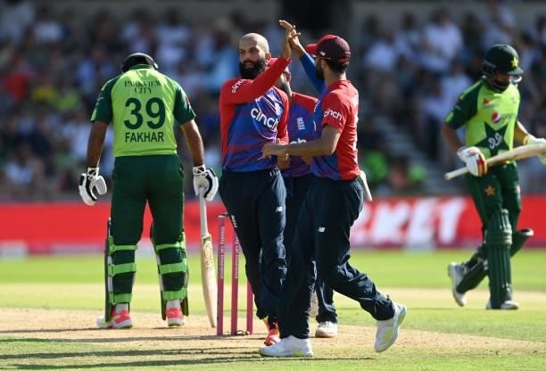 Moeen Ali of England celebrates dismissing Mohammad Hafeez of Pakistan during the Second Vitality International T20 match between England and...