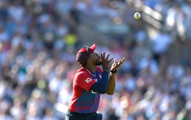 England fielder Chris Jordan takes the catch to dismiss Shaheen Shah Afridi during the Second Vitality Blast IT20 between England and Pakistan at...