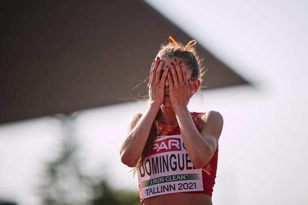 Carla Dominguez of Spain reacts in the Women's 5000m Final during European Athletics U20 Championships Day 4 at Kadriorg Stadium on July 18, 2021 in...