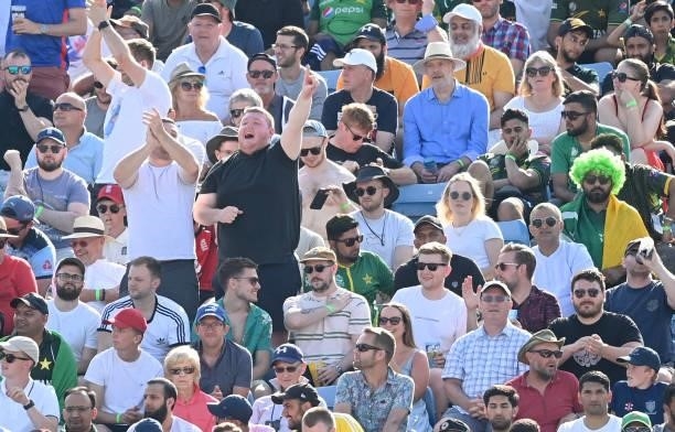 Spectators sing during the 2nd Vitality T20 International between England and Pakistan at Emerald Headingley Stadium on July 18, 2021 in Leeds,...