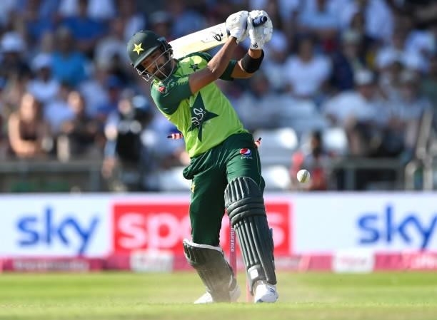 Pakistan batsman Haris Rauf is bowled by Saqib Mahmood during the Second Vitality Blast IT20 between England and Pakistan at Emerald Headingley...