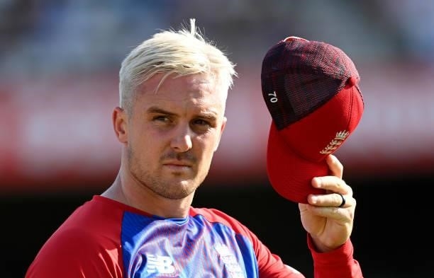 Jason Roy of England looks on during the second Vitality International T20 match between England and Pakistan at Emerald Headingley Stadium on July...