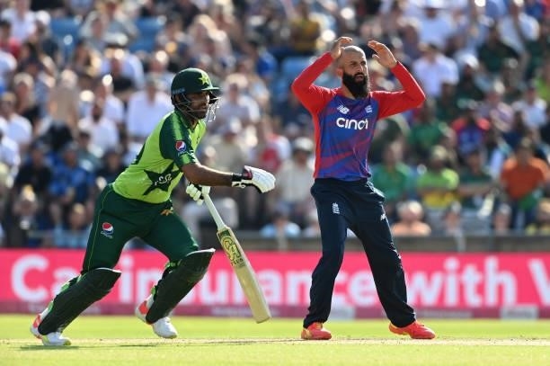 Moeen Ali of England reacts during the second Vitality International T20 match between England and Pakistan at Emerald Headingley Stadium on July 18,...