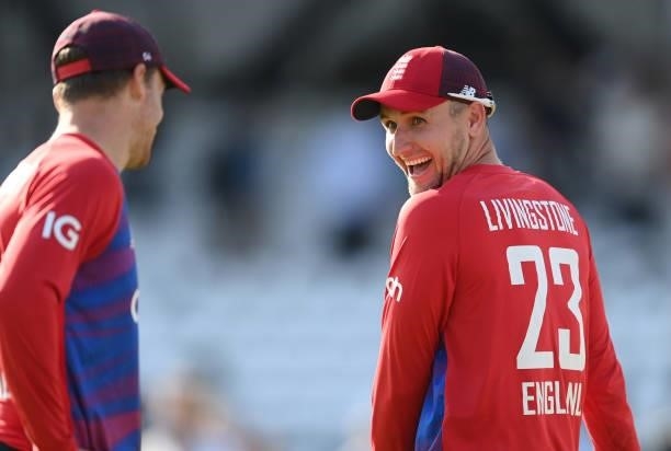 Liam Livingstone laughs with Jos Buttler of England after the 2nd Vitality T20 International between England and Pakistan at Emerald Headingley...