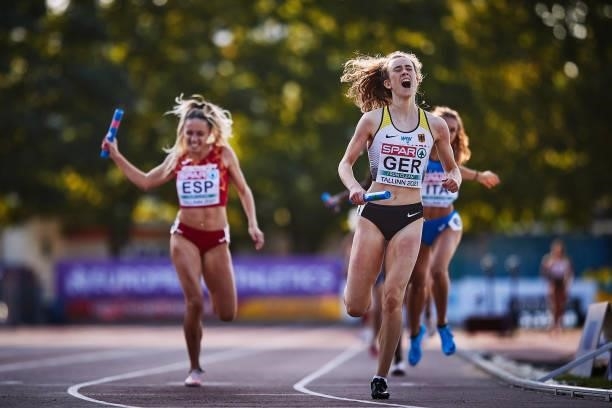 Team Germany celebrates in the Women's 4 x 400m Relay Final during European Athletics U20 Championships Day 4 at Kadriorg Stadium on July 18, 2021 in...