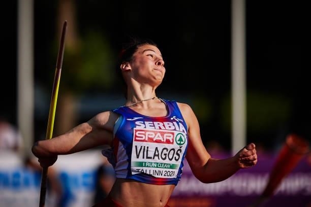 Adriana Vilagos of Serbia competes in the Women's Javelin Throw Final during European Athletics U20 Championships Day 4 at Kadriorg Stadium on July...
