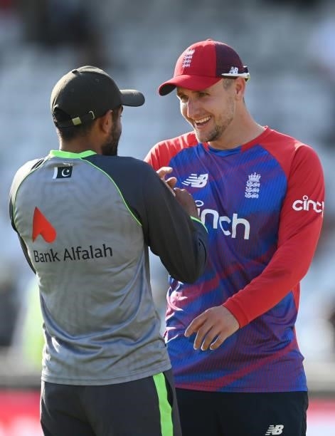 Liam Livingstone of England laughs with Babar Azam of Pakistan after the 2nd Vitality T20 International between England and Pakistan at Emerald...