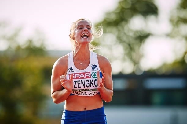Elina Tzengko of Greece reacts in the Women's Javelin Throw Final during European Athletics U20 Championships Day 4 at Kadriorg Stadium on July 18,...