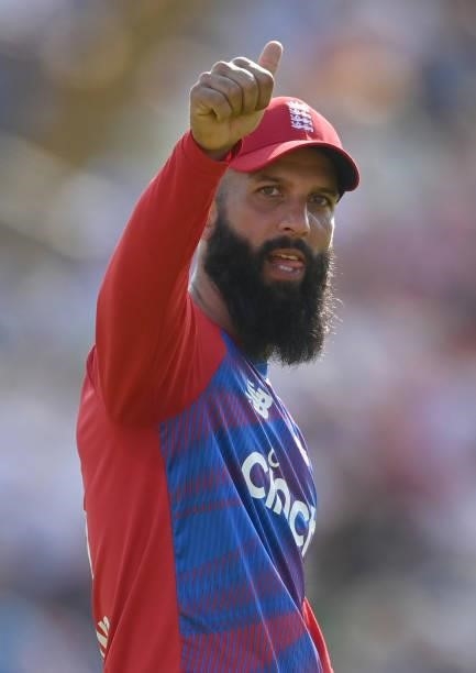 Moeen Ali of England gestures during the 2nd Vitality T20 International between England and Pakistan at Emerald Headingley Stadium on July 18, 2021...