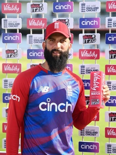 Player of the match Moeen Ali with his award after the Second Vitality International T20 match between England and Pakistan at Emerald Headingley...
