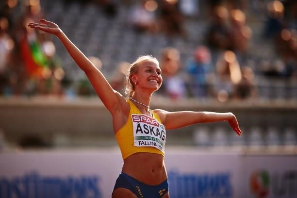 Maja Askag of Sweden celebrates in the Women's Long Jump Final during European Athletics U20 Championships Day 4 at Kadriorg Stadium on July 18, 2021...