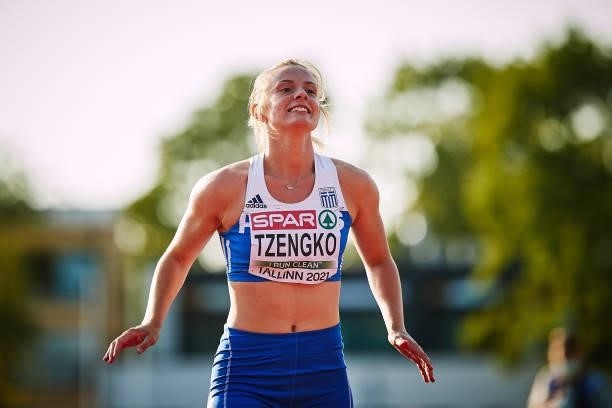 Elina Tzengko of Greece reacts in the Women's Javelin Throw Final during European Athletics U20 Championships Day 4 at Kadriorg Stadium on July 18,...