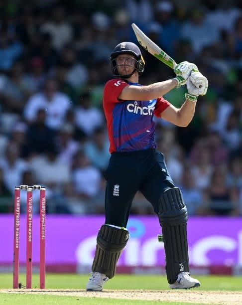 Jos Buttler of England bats during the Second Vitality International T20 match between England and Pakistan at Emerald Headingley Stadium on July 18,...