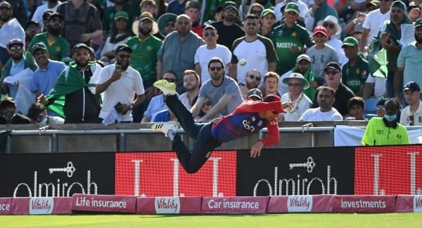 Liam Livingstone of England dives to save a boundary during the Second Vitality International T20 match between England and Pakistan at Emerald...