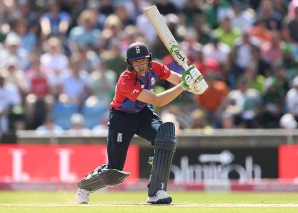 Jos Buttler of England bats during the 2nd Vitality T20 International between England and Pakistan at Emerald Headingley Stadium on July 18, 2021 in...