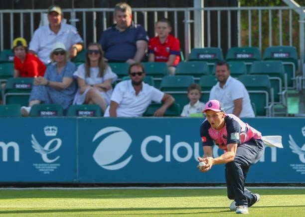 Luke Hollman of Middlesex catches out Aron Nijjar of Essex Eagles during the Vitality T20 Blast match between Essex Eagles and Middlesex at Cloudfm...