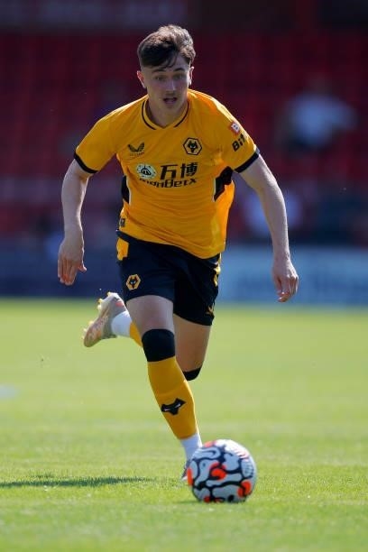 Luke Cundle of Wolverhampton Wanderers runs with the ball during the pre-season friendly between Crewe Alexandra and Wolverhampton Wanderers at...