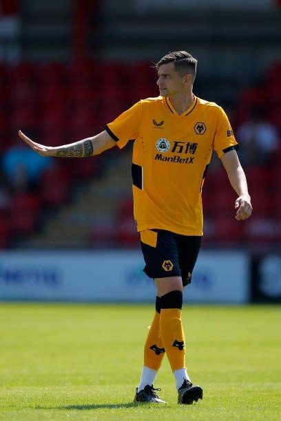 Pascal Estrada of Wolverhampton Wanderers reacts during the pre-season friendly between Crewe Alexandra and Wolverhampton Wanderers at Gresty Road on...